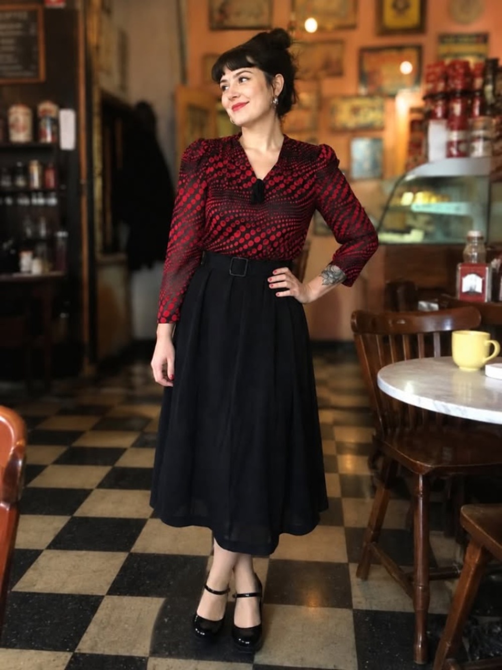 Vintage 1980s Red & Black Polka Dot Midi Dress|Belted Waist|Retro Puff Sleeves